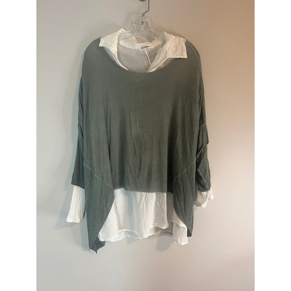 Nina Kendosa Paris 2 Piece Layered Top Set Olive Green Sweater White Shirt S
